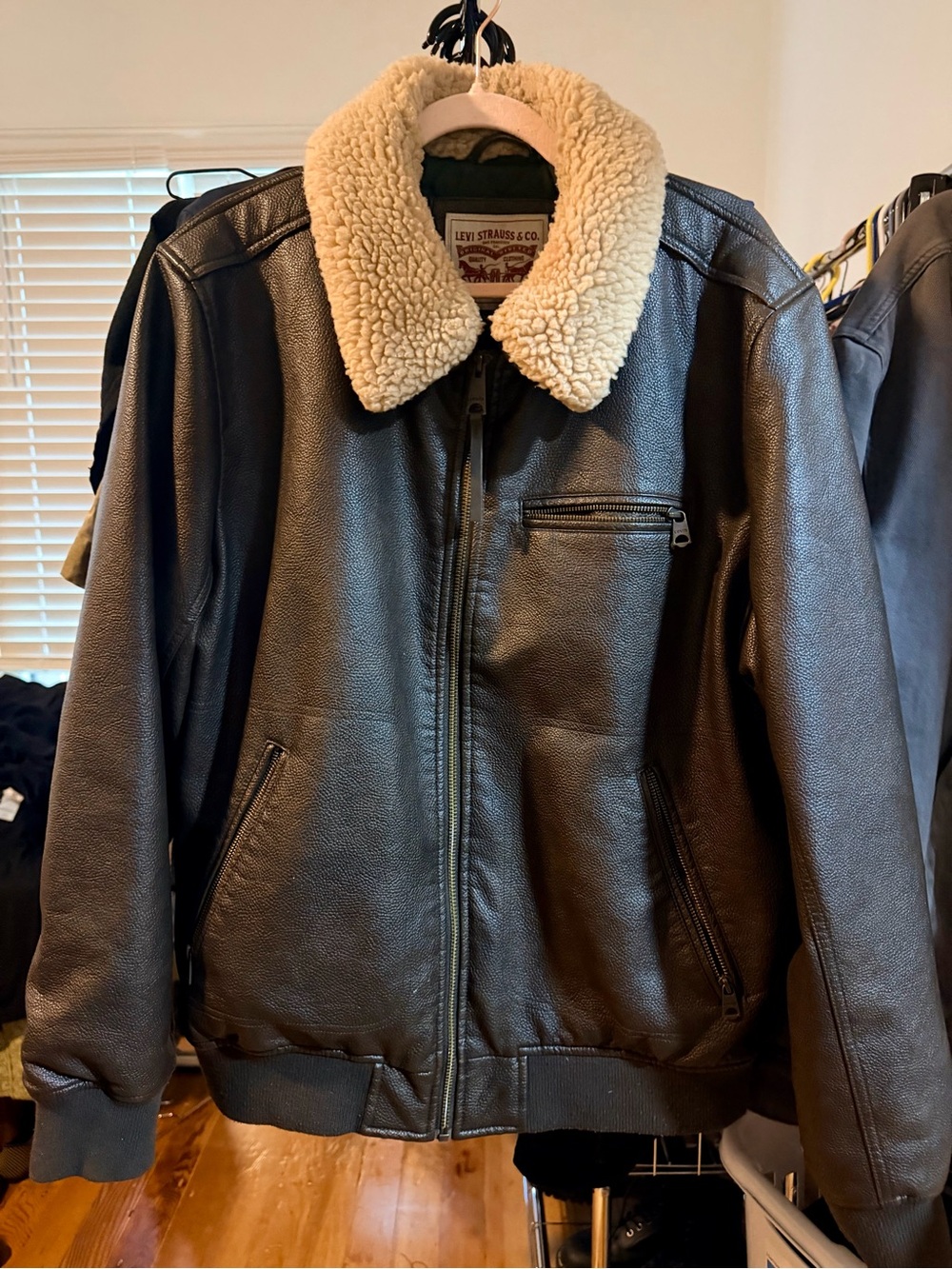Levi's Black Leather Bomber Jacket with Cream Sherpa Collar